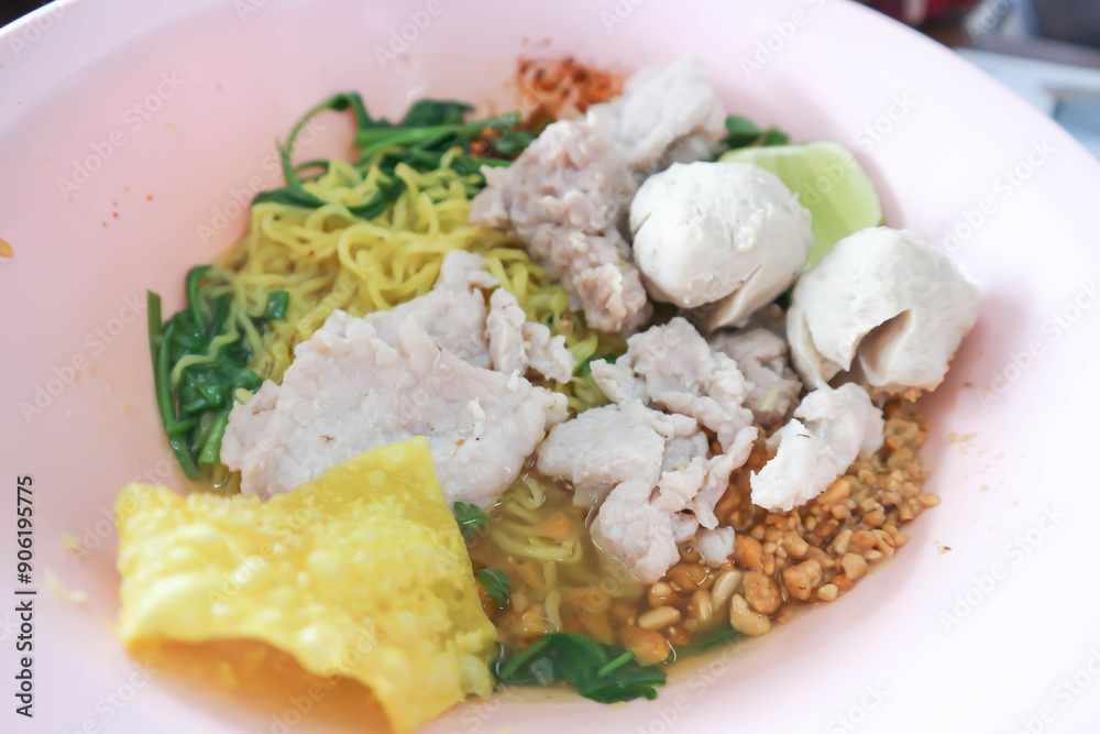 Chinese noodles, egg noodles or pork noodles with pork ball Chinese noodles, egg noodles or pork noodles with pork ball