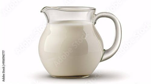 Clear glass pitcher filled with new milk set apart on a white background. photo