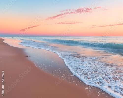 Serene Coastal Sunrise with Gentle Waves and Soft Color Palette