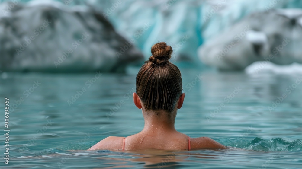 Behind the scenes, a young woman takes a bath to acclimate herself in winter, blurred amidst snow-covered mountains. Behind the scenes, a young woman takes a bath to acclimate herself in winter, blurred amidst snow-covered mountains.