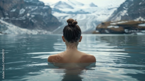 Behind the scenes, a young woman takes a bath to acclimate herself in winter, blurred amidst snow-covered mountains.