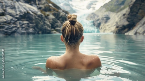 Behind the scenes, a young woman takes a bath to acclimate herself in winter, blurred amidst snow-covered mountains.