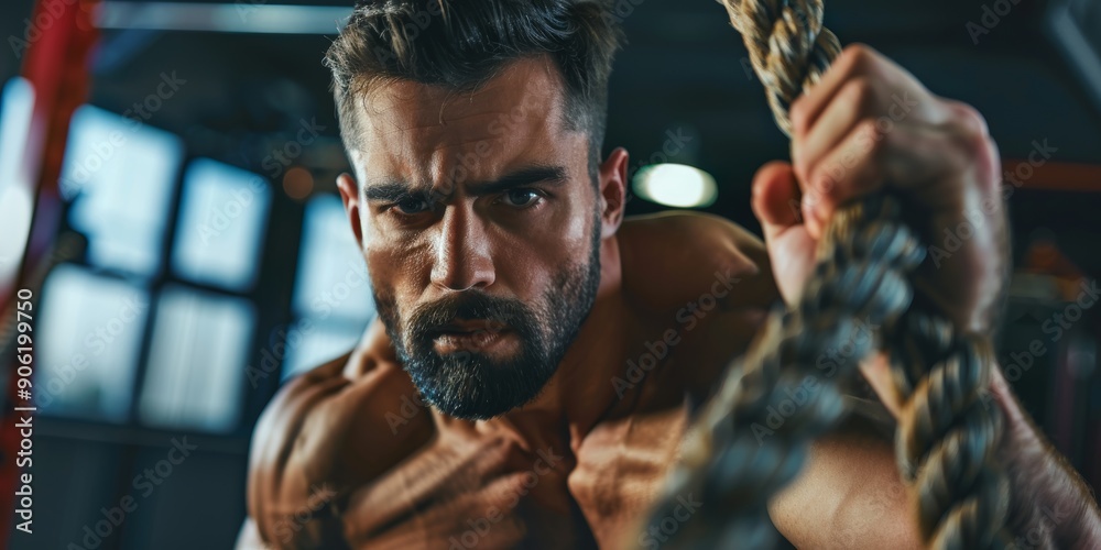 Fit Man Doing Battle Rope Workout at the Gym Generative AI Fit Man Doing Battle Rope Workout at the Gym Generative AI