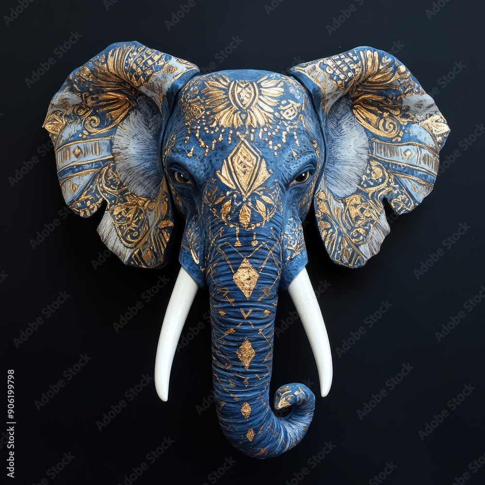 Obraz premium Watercolor painting of indian elephant with gold pattern on black background, Ganesh Chaturthi. Elephant festival in India. Illustration for design banner poster greeting card, print
