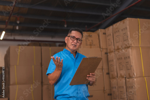 A supervisor giving a lecture in a somewhat condescending fashion. Inside a warehouse or sorting center. photo