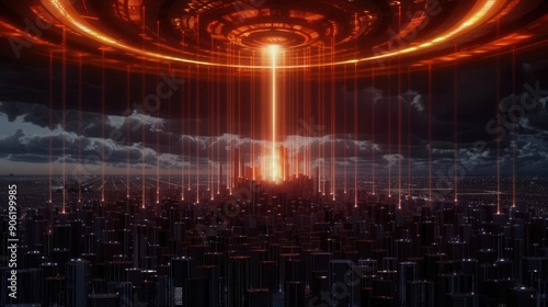 A futuristic cityscape with a massive energy core at its center, isolated from the surroundings, emitting bright, pulsating energy beams into the sky