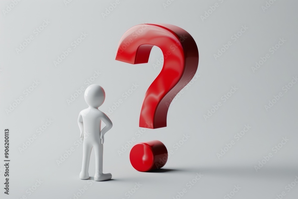Question Mark with Stick Figure in Pensive Pose, Close-up Detail on White Background Generative AI Question Mark with Stick Figure in Pensive Pose, Close-up Detail on White Background Generative AI