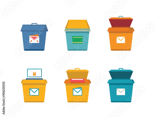 Six colorful vector recycling bins, flat design illustration, different colors recycling symbols. Cartoon style waste containers paper, metal, plastic separation. Multicolored recycle bins isolated