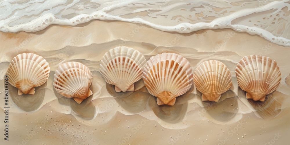 Close-up of Scallop Shells in the Sand, Neutral Colors, Detail, Abstract Background Generative AI Close-up of Scallop Shells in the Sand, Neutral Colors, Detail, Abstract Background Generative AI