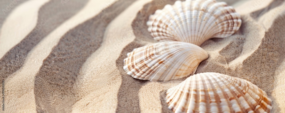 Close-up of Scallop Shells in the Sand, Neutral Colors, Detail, Abstract Background Generative AI Close-up of Scallop Shells in the Sand, Neutral Colors, Detail, Abstract Background Generative AI