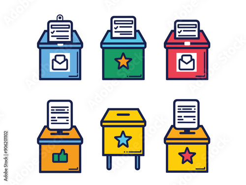 Six colorful ballot boxes different symbols paper ballots inserted top. Voting concept graphic boxes blue, green, red, yellow, isolated white background. Election icons showing various types ballot