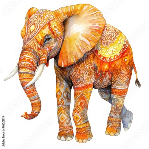 Watercolor painting of indian elephant  with gold pattern on white background, Ganesh Chaturthi. Elephant festival in India. Illustration for design banner poster greeting card, print photo