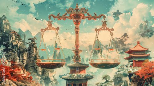 Giant Trade Imbalance Scale Illustration: Surreal and Detailed 2D Concept Art in an Intricate Setting photo