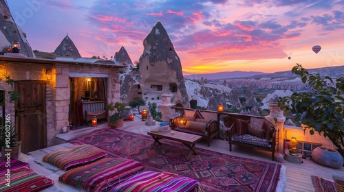 Explore the stunning Goreme, Turkey. Stay at a charming hotel with a colorful terrace adorned with carpets. Witness the magical sunrise over Kapadokya with hot air balloons soaring above.
