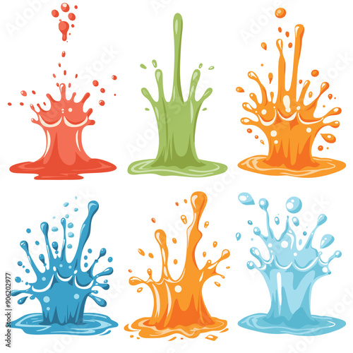Set colorful liquid splashes, various shapes dynamic motion. Paint splash, juice splatter, milk droplet spread, cartoon style vector illustration creative design. Splashing fluid, vibrant color