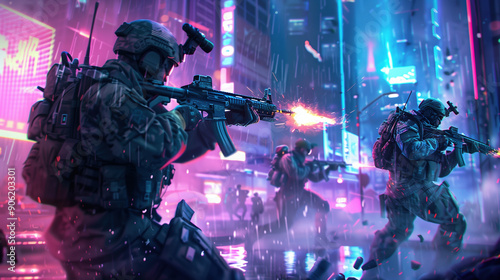 Futuristic Combat: Soldiers Wielding Microchips in a Digital War Set Against a Neon-Lit City photo