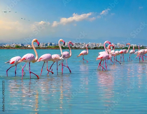 flock of birds pink flamingo walking on the blue salt lake of Cyprus in the city of Larnaca, the concept of romance delicate background of love The Hala Sultan Tekke Mosque photo