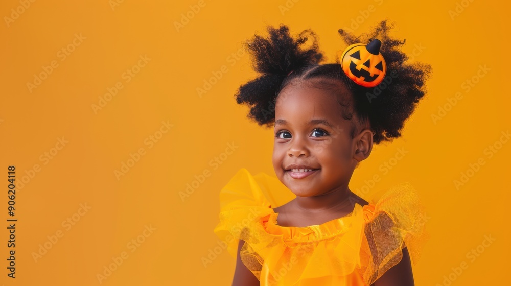 A joyful child smiles brightly, wearing a yellow dress adorned with tulle and a pumpkin-themed hair accessory A joyful child smiles brightly, wearing a yellow dress adorned with tulle and a pumpkin-themed hair accessory
