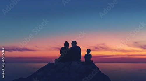 A family of three is on vacation. They are sitting on a rock at sunset, looking out at the ocean. The silhouettes of the father, mother, and son are visible against the sky.