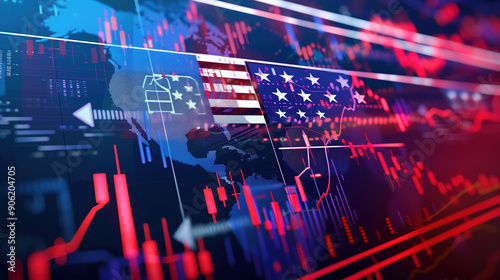 USA Flag Inspired Economic Charts Depicting Trade War Dynamics and Market Movements photo