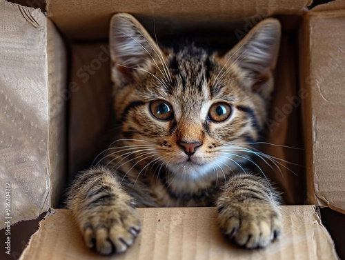 Wallpaper Mural Curious Kitten Playing Inside a Cardboard Box in a Cozy Living Room Torontodigital.ca