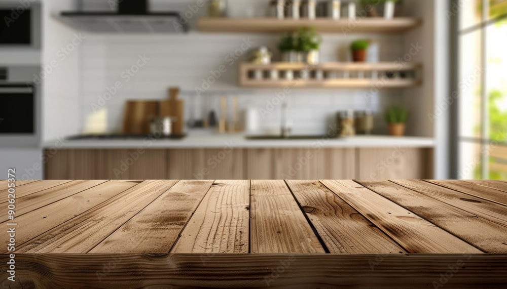 Close-up of a Wooden Table with a Blurred Modern Kitchen Background - Ideal for Cooking or Dining Setup Generative AI Close-up of a Wooden Table with a Blurred Modern Kitchen Background - Ideal for Cooking or Dining Setup Generative AI