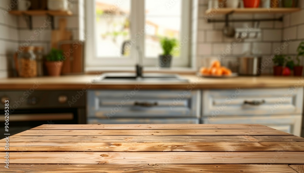 Wooden Table on Blurred Kitchen Bench Background, Ideal for Food or Kitchen Decor Photography Generative AI