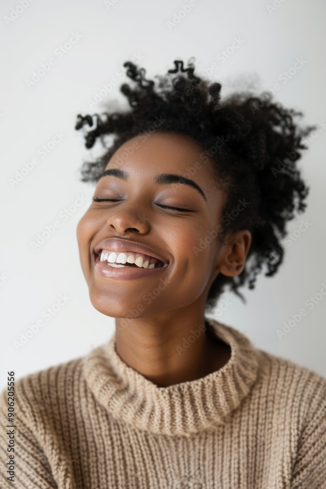 Young Black Woman Laughing, Close Up Portrait, Neutral Color Outfit, Bright White Background Generative AI Young Black Woman Laughing, Close Up Portrait, Neutral Color Outfit, Bright White Background Generative AI