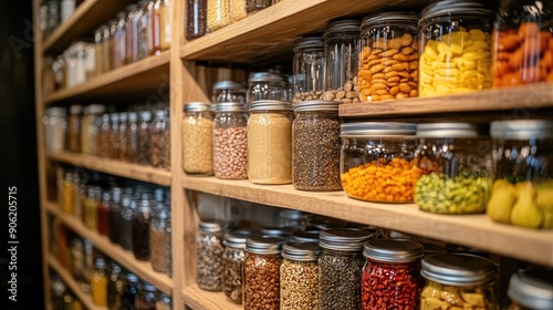 Neat and Tidy Pantry Organization with Well-arranged Jars and Containers for Functional Storage Solutions