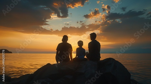 A family of three is on vacation. They are sitting on a rock at sunset, looking out at the ocean. The silhouettes of the father, mother, and son are visible against the sky.