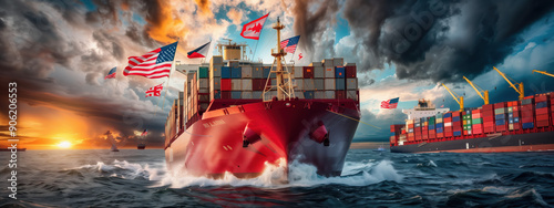 US-China Trade War Depicted with Flags Flapping in a Stormy Ocean of International Commerce photo