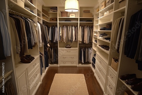 Stylishly Organized Walk-in Closet Displaying Neat Clothing and Shoes with Ample Storage Space