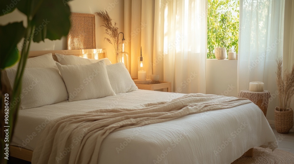 Serene Lifestyle - Minimalistic Bedroom with neatly made bed and calming decor for a tranquil ambiance