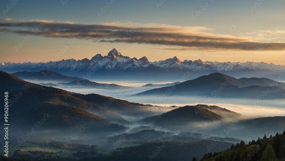 A panoramic view of a mountain range at sunrise, with mist-covered valleys and the first light of day illuminating the peaks A panoramic view of a mountain range at sunrise, with mist-covered valleys and the first light of day illuminating the peaks