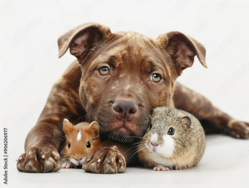 Obraz premium Affectionate Dog Cuddling Two Small Pets in a Bright Indoor Setting