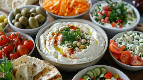 Middle eastern breakfast spread with labneh cheese, fava beans, pepper dip and spices. Included are vegetables, olives and pita bread