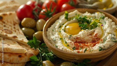 Middle eastern breakfast spread with labneh cheese, fava beans, pepper dip and spices. Included are vegetables, olives and pita bread