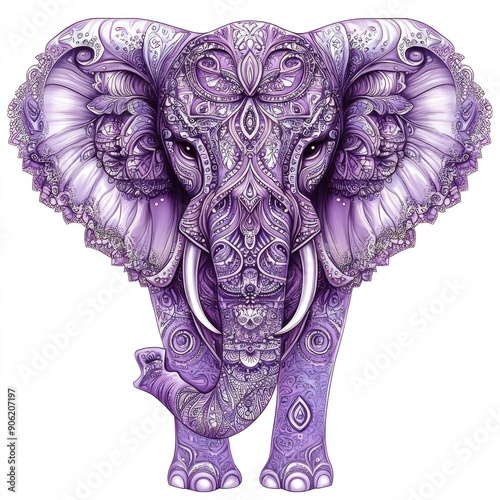 Watercolor painting of indian elephant  with gold pattern on white background, Ganesh Chaturthi. Elephant festival in India. Illustration for design banner poster greeting card, print