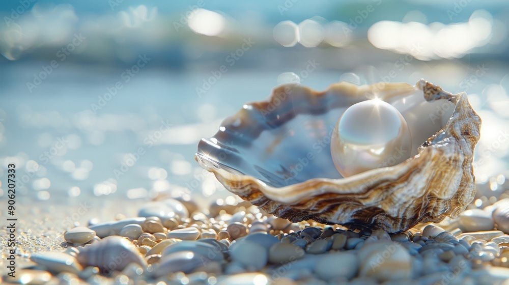 A stunning pearl rests in an open shell on the sandy shore under bright sunlight