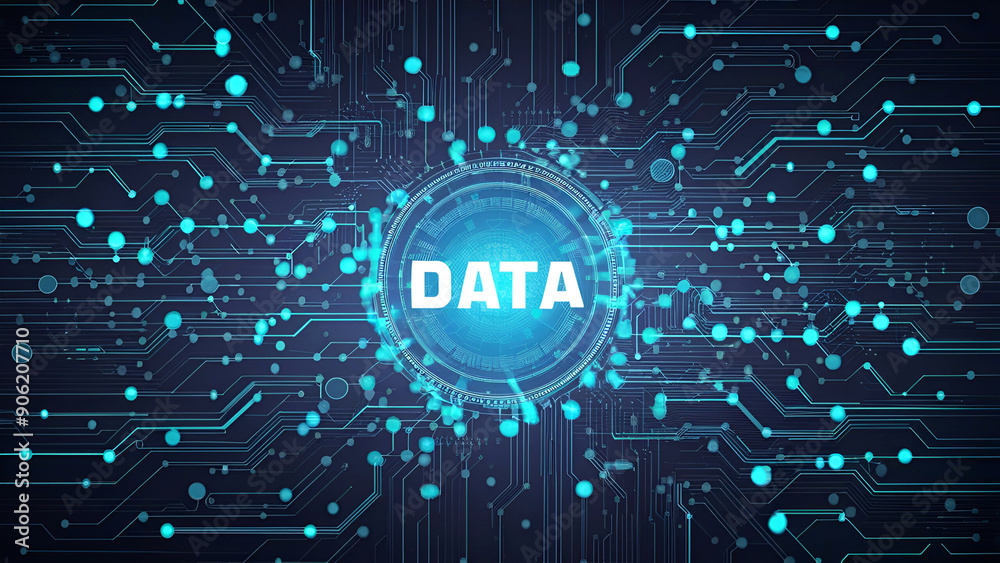Futuristic network circuit board illustration with glowing highlights and linked data nodes in blue and dark hues. Symbolizes big data technological advances. Generated ai Futuristic network circuit board illustration with glowing highlights and linked data nodes in blue and dark hues. Symbolizes big data technological advances. Generated ai