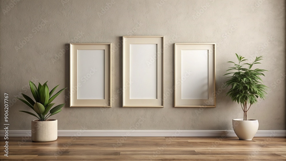 Three sleek, empty picture frames of varying sizes adorn a neutral ...