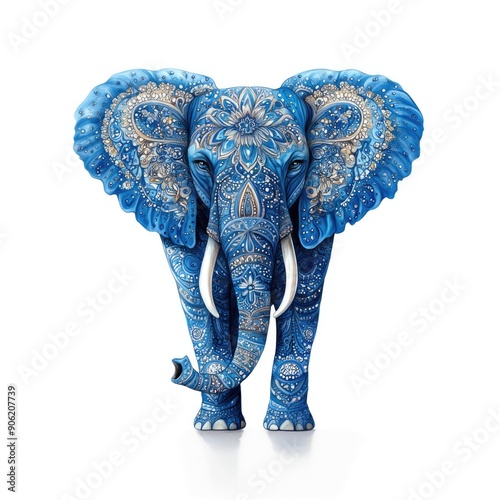 Watercolor painting of indian elephant  with gold pattern on white background, Ganesh Chaturthi. Elephant festival in India. Illustration for design banner poster greeting card, print