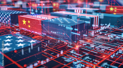 USA vs China Trade War: Detailed Digital Marketplace Illustration Featuring Flags and Trade Items photo