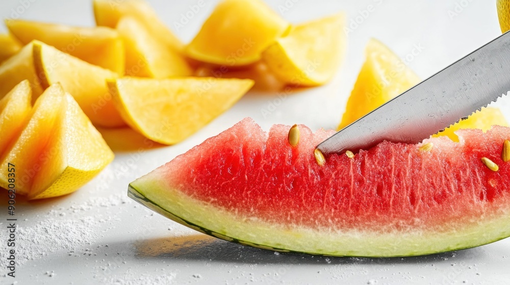 A detailed shot of a knife cutting through a vibrant red watermelon, with slices of yellow and seedless varieties displayed nearby. The image highlights the juicy textures and fresh appearance of the A detailed shot of a knife cutting through a vibrant red watermelon, with slices of yellow and seedless varieties displayed nearby. The image highlights the juicy textures and fresh appearance of the
