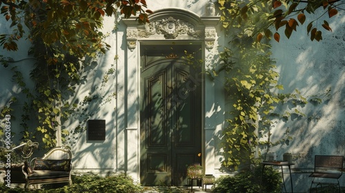 An Ornate Wooden Door Framed by Lush Greenery photo