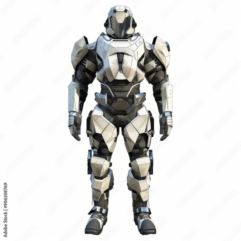 3D Render, Low Poly style of a biometrically enhanced tactical armor set, on isolated white background
