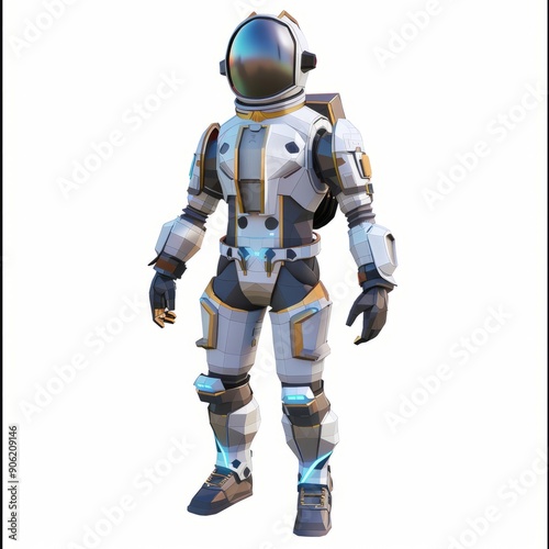 3D Render, Low Poly style of a deep space explorer's zero-gravity armor set, on isolated white background