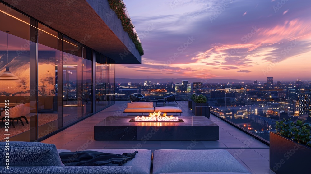 Fototapeta premium A modern terrace lounge with a sleek fire pit, comfortable seating, and a panoramic view of a vibrant cityscape at twilight.