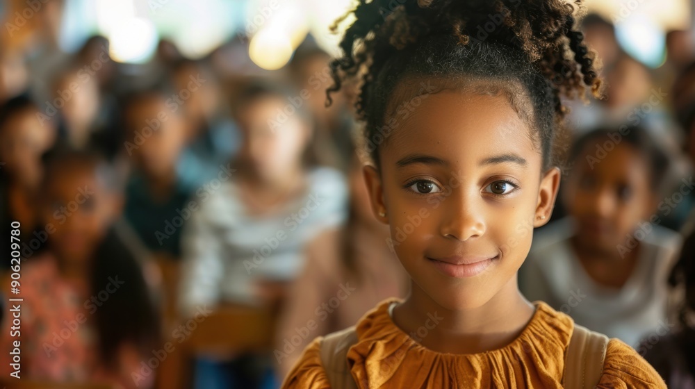 A young girl smiles confidently while facing her classmates in a vibrant classroom setting A young girl smiles confidently while facing her classmates in a vibrant classroom setting