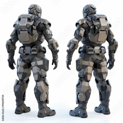 3D Render, Low Poly style of a high-tech mercenary's modular armor set, on isolated white background